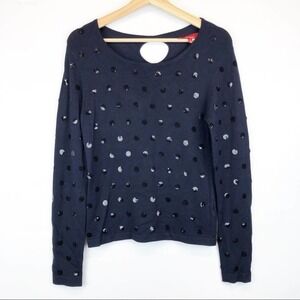 Saks Fifth‎ Avenue Navy Blue Keyhole Sweater Sequin Polka Dot Long Sleeve Top S